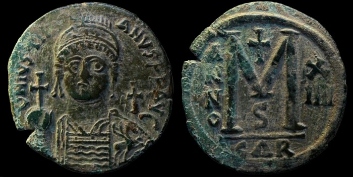 Grand follis de Justinien émis à Carthage Officine S Anno XIIII