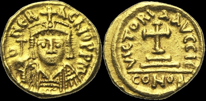 Solidus, 611-612, Carthage. 15e indiction. Hybride frappé avec un coin de droit de la 14e indiction. émis sous Héraclius