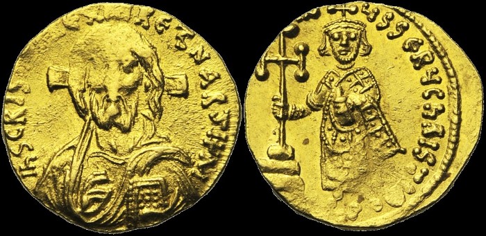 Solidus, 692-695, Constantinople. Off. T. émis sous Justinien II, 1er règne