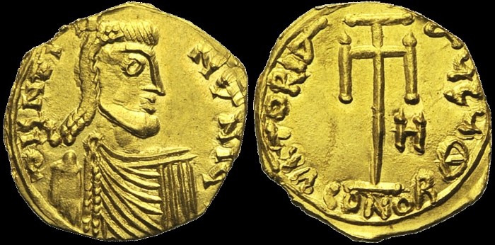 Tremissis, 709-710, Syracuse. 8e indiction. émis sous Justinien II, 2e règne