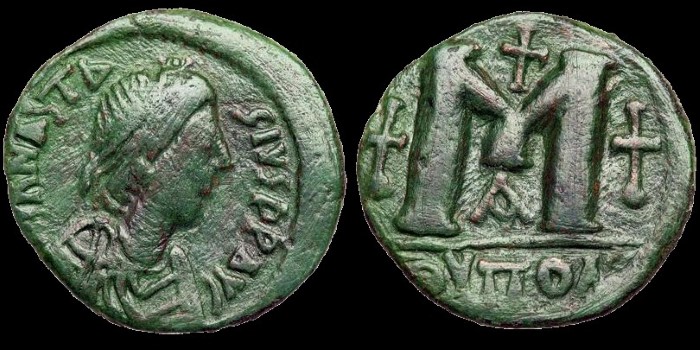 Follis au nom d'Anastase émis à Antioche (sous Justinien ?)