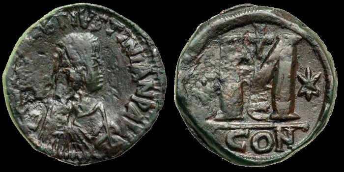 Follis de Justin et Justinien émis à Constantinople