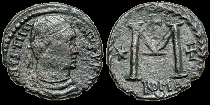 Follis de Justinien émis à Rome