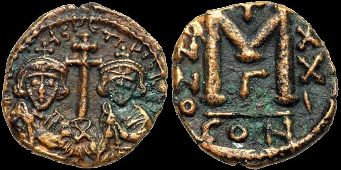 Follis de Justinien II et Tibere émis à Constantinople