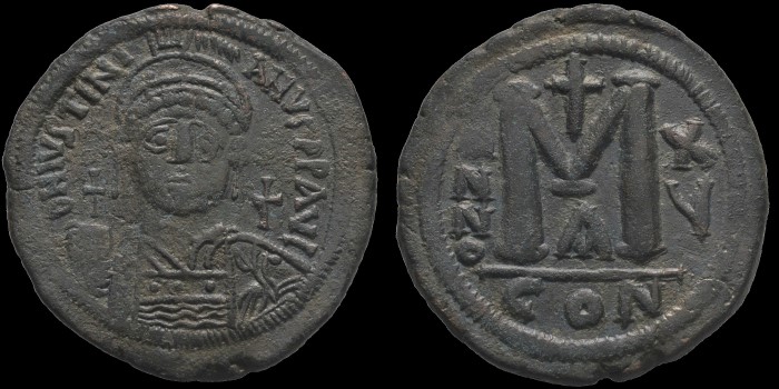 Follis de Justinien émis à Constantinople Anno XIIII