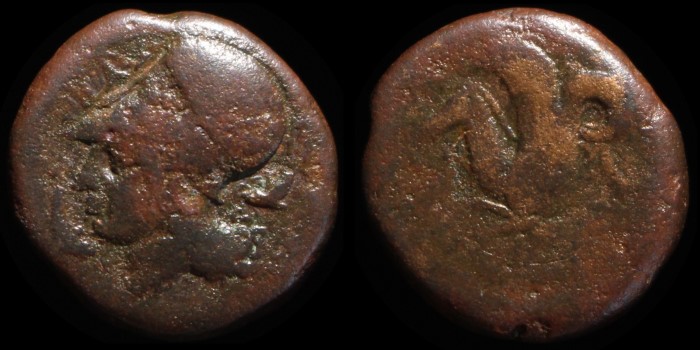Bronze de Syracuse, litra ou trias de la période precedent Denis I l'ancien et vers la fin de l'invasion carthaginoise