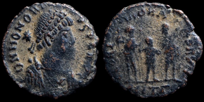 AE3 Centenionalis d'Honorius Trois empereurs émis à Antioche