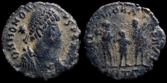 RIC X 153 Antioche - AE3 Centenionalis d'Honorius Trois empereurs émis à Antioche
