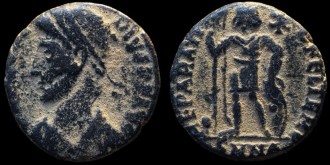 RIC IX 10 Nicomédie - AE3 Centenionalis de Procopius, usurpateur sous Valens, avec le soldat terrassant émis à Nicomédie