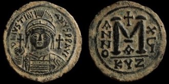 Sear 207 - Grand follis de Justinien émis à Cyzique Officine A Anno Xç