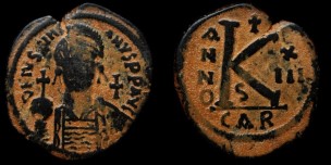 Sear 266 - Demi follis de Justinien émis à Carthage Officine S Anno XIII