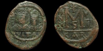 Sear 393 - Follis de Justin II et Sophie émis à Carthage