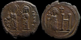 Sear 605 (Maurice), Sokolova III.4 - Follis de Justin II et Sophie émis à Cherson