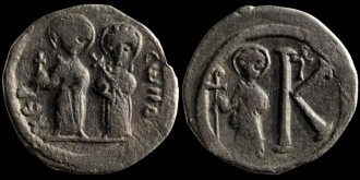 Sear 608 (Maurice), Sokolova III.3 - Demi Follis de Justin II et Sophie émis à Cherson