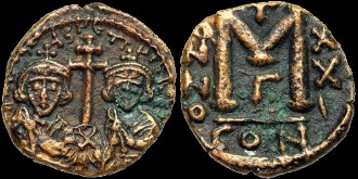 Sear 1428 - Follis de Justinien II et Tibere émis à Constantinople